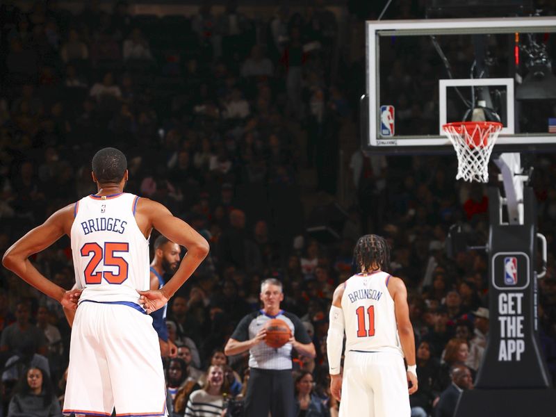 NEW YORK, NY - OCTOBER 13: Mikal Bridges #25 of the New York Knicks looks on during the game on October 13, 2024 at Madison Square Garden in New York City, New York.  NOTE TO USER: User expressly acknowledges and agrees that, by downloading and or using this photograph, User is consenting to the terms and conditions of the Getty Images License Agreement. Mandatory Copyright Notice: Copyright 2024 NBAE  (Photo by David L. Nemec/NBAE via Getty Images)