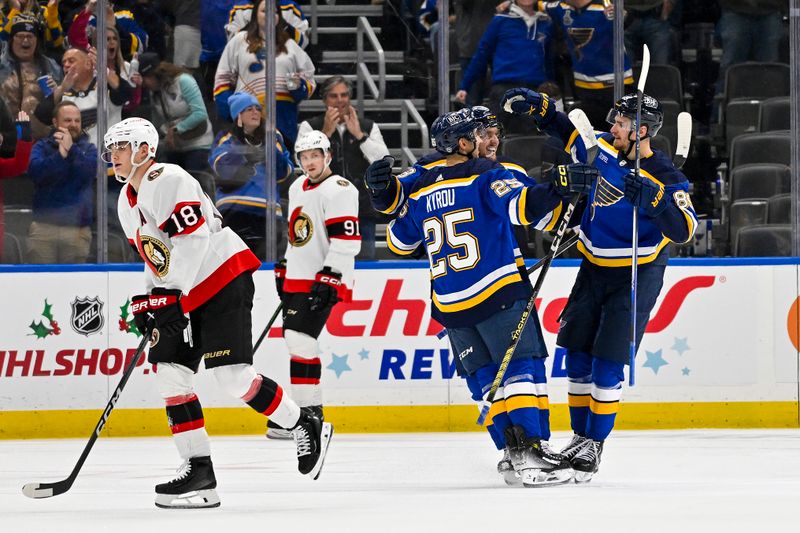 Dec 14, 2023; St. Louis, Missouri, USA;  St. Louis Blues left wing Pavel Buchnevich (89) is congratulated by center Robert Thomas (18) and center Jordan Kyrou (25) after scoring against the Ottawa Senators during the third period at Enterprise Center. Mandatory Credit: Jeff Curry-USA TODAY Sports