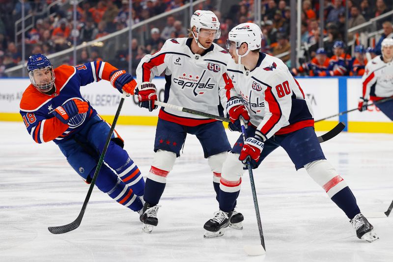 Jan 21, 2025; Edmonton, Alberta, CAN;Washington Capitals forward Pierre-Luc Dubois (80) looks to pass in front of Edmonton Oilers forward Zach Hyman (18) during the first period at Rogers Place. Mandatory Credit: Perry Nelson-Imagn Images