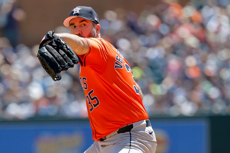 May 12, 2024; Detroit, Michigan, USA;  Houston Astros starting pitcher Justin Verlander (35) pitches in the second inning against the Detroit Tigers at Comerica Park. Mandatory Credit: Rick Osentoski-USA TODAY Sports