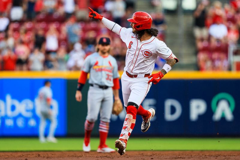 Aug 14, 2024; Cincinnati, Ohio, USA; Cincinnati Reds second baseman Jonathan India (6) reacts after hitting a three-run home run in the third inning against the St. Louis Cardinals at Great American Ball Park. Mandatory Credit: Katie Stratman-USA TODAY Sports