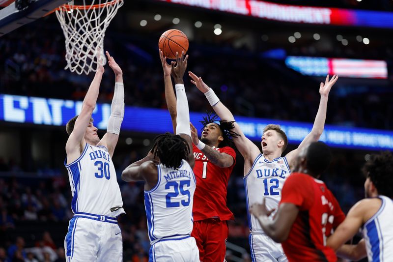 Mar 14, 2024; Washington, D.C., USA; North Carolina State guard Jayden Taylor (1) shoots the ball as Duke Blue Devils forward Mark Mitchell (25), Blue Devils center Kyle Filipowski (30), and Blue Devils forward TJ Power (12) defend in the first half at Capital One Arena. Mandatory Credit: Geoff Burke-USA TODAY Sports