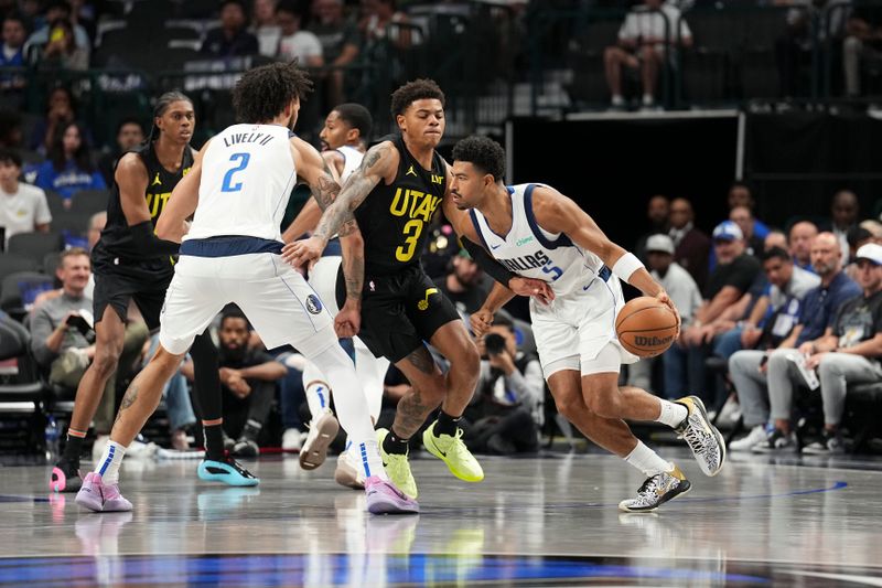 DALLAS, TX - OCTOBER 10: Quentin Grimes #5 of the Dallas Mavericks drives to the basket during the game against the Utah Jazz on October 10, 2024 at American Airlines Center in Dallas, Texas. NOTE TO USER: User expressly acknowledges and agrees that, by downloading and or using this photograph, User is consenting to the terms and conditions of the Getty Images License Agreement. Mandatory Copyright Notice: Copyright 2024 NBAE (Photo by Glenn James/NBAE via Getty Images)