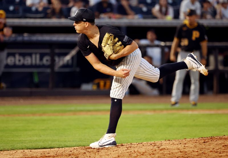 Mar 15, 2024; Tampa, Florida, USA; New York Yankees pitcher Nick Burdi (57) pitches during the fifth inning against the Pittsburgh Pirates at George M. Steinbrenner Field. Mandatory Credit: Kim Klement Neitzel-USA TODAY Sports