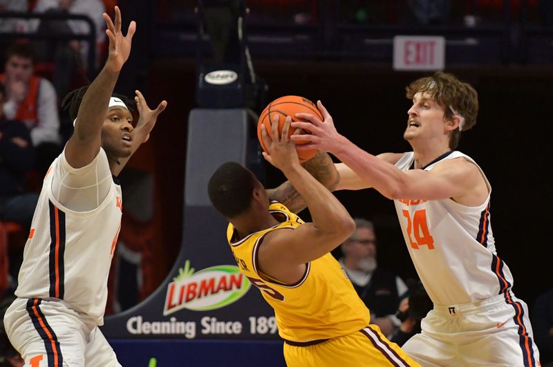 Feb 20, 2023; Champaign, Illinois, USA;  Illinois Fighting Illini forward Dain Dainja (42) and Matthew Mayer (24) pressure Minnesota Golden Gophers guard Ta'lon Cooper (55) during the first half at State Farm Center. Mandatory Credit: Ron Johnson-USA TODAY Sports