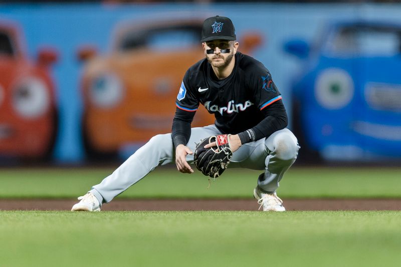 Aug 30, 2024; San Francisco, California, USA; Miami Marlins third baseman Connor Norby (24) prepares for the pitch against the San Francisco Giants during the fifth inning at Oracle Park. Mandatory Credit: John Hefti-USA TODAY Sports