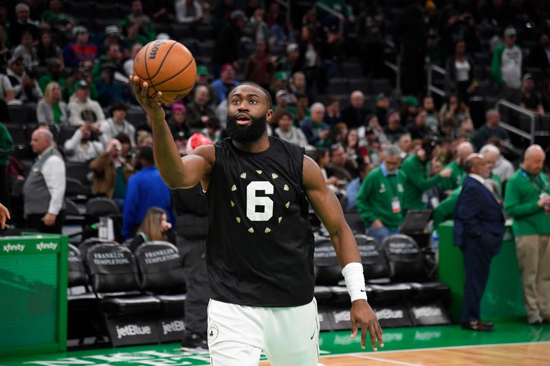 BOSTON, MA - FEBRUARY 9: Jaylen Brown #7 of the Boston Celtics warms up before the game against the Washington Wizards on February 9, 2024 at the TD Garden in Boston, Massachusetts. NOTE TO USER: User expressly acknowledges and agrees that, by downloading and or using this photograph, User is consenting to the terms and conditions of the Getty Images License Agreement. Mandatory Copyright Notice: Copyright 2024 NBAE  (Photo by Brian Babineau/NBAE via Getty Images)