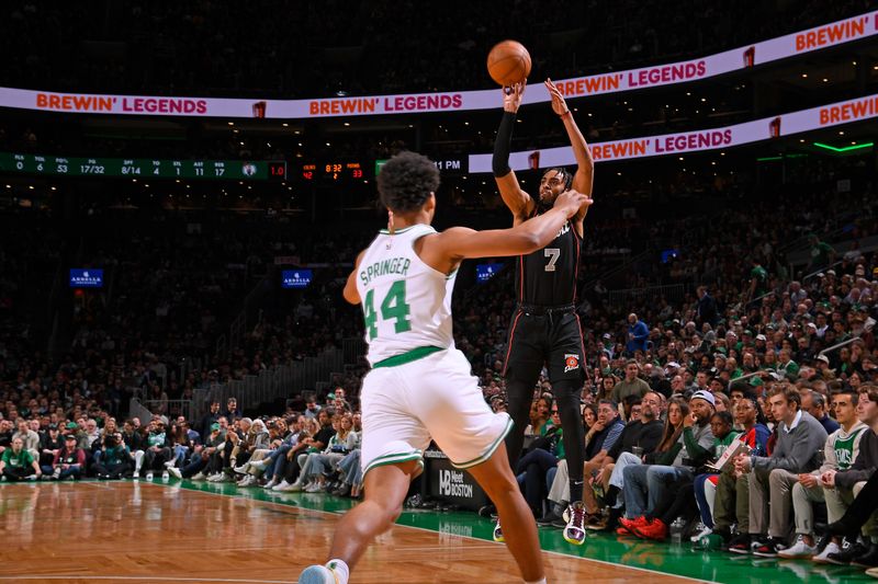 BOSTON, MA - MARCH 18:  Troy Brown Jr. #7 of the Detroit Pistons shoots the ball during the game against the Boston Celtics on March 18, 2024 at the TD Garden in Boston, Massachusetts. NOTE TO USER: User expressly acknowledges and agrees that, by downloading and or using this photograph, User is consenting to the terms and conditions of the Getty Images License Agreement. Mandatory Copyright Notice: Copyright 2024 NBAE  (Photo by Brian Babineau/NBAE via Getty Images)