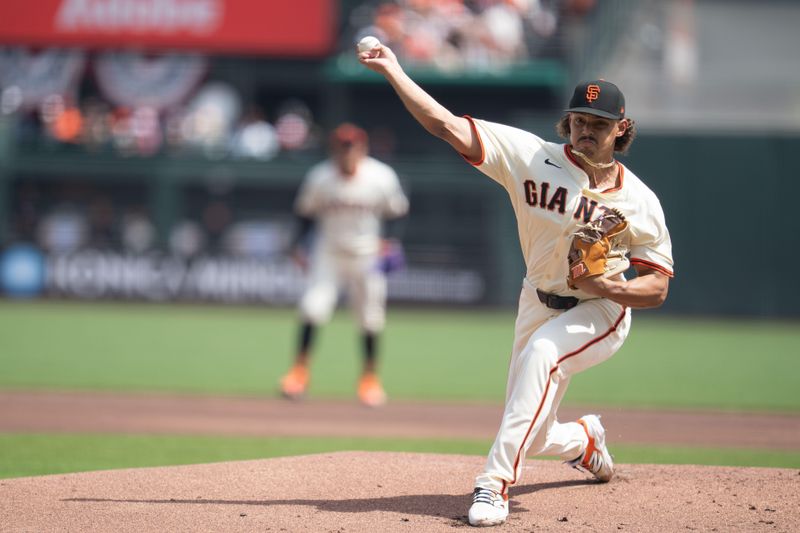 Apr 6, 2025; San Francisco, California, USA; San Francisco Giants starting pitcher Jordan Hicks (12) delivers a pitch during the first inning against the Seattle Mariners at Oracle Park. Mandatory Credit: Neville E. Guard-Imagn Images