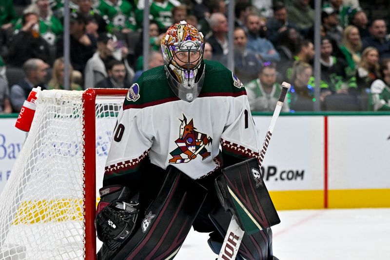 Nov 14, 2023; Dallas, Texas, USA; Arizona Coyotes goaltender Karel Vejmelka (70) faces the Dallas Stars attack during the second period at the American Airlines Center. Mandatory Credit: Jerome Miron-USA TODAY Sports