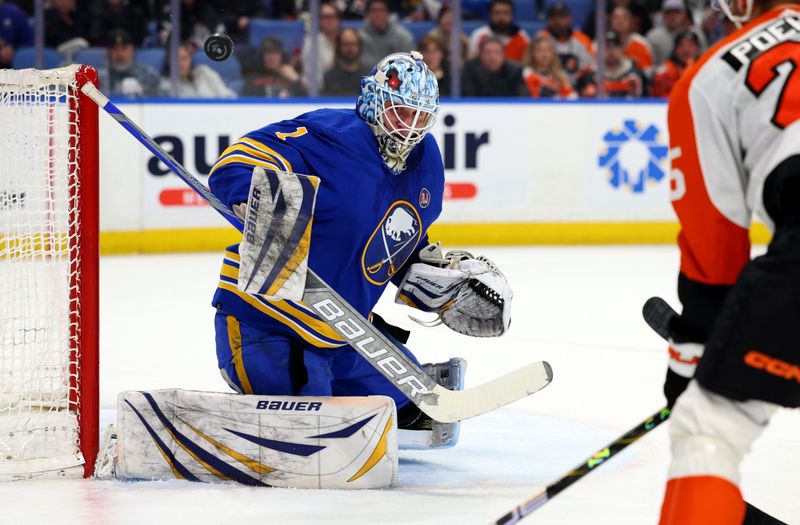 Apr 5, 2024; Buffalo, New York, USA;  Buffalo Sabres goaltender Ukko-Pekka Luukkonen (1) makes a save during the first period against the Philadelphia Flyers at KeyBank Center. Mandatory Credit: Timothy T. Ludwig-USA TODAY Sports