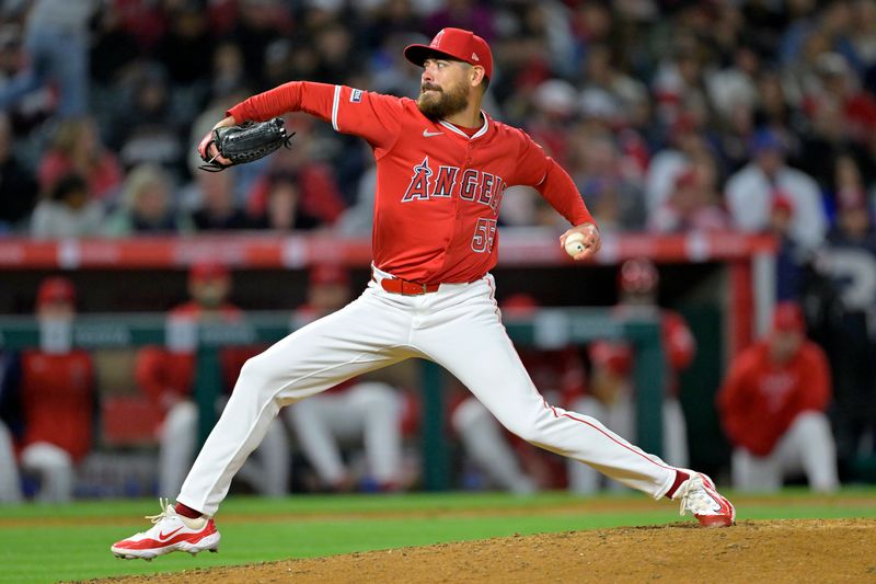 Apr 6, 2024; Anaheim, California, USA; Los Angeles Angels pitcher Matt Moore (55) delivers a pitch in the eighth inning against the Boston Red Sox at Angel Stadium. Mandatory Credit: Jayne Kamin-Oncea-USA TODAY Sports