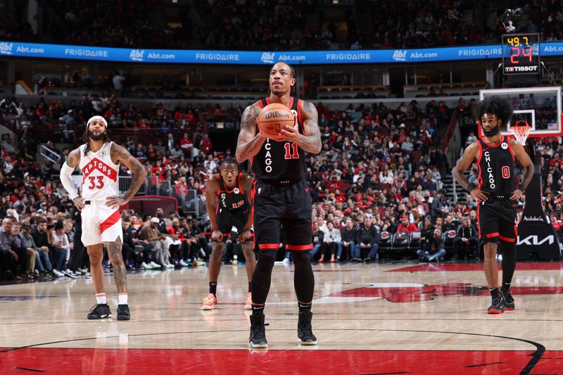 CHICAGO, IL - JANUARY 30: DeMar DeRozan #11 of the Chicago Bulls shoots a free throw during the game against the Toronto Raptors on January 30, 2024 at United Center in Chicago, Illinois. NOTE TO USER: User expressly acknowledges and agrees that, by downloading and or using this photograph, User is consenting to the terms and conditions of the Getty Images License Agreement. Mandatory Copyright Notice: Copyright 2024 NBAE (Photo by Jeff Haynes/NBAE via Getty Images)