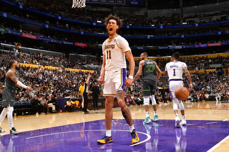 LOS ANGELES, CA - APRIL 7: Jaxson Hayes #11 of the Los Angeles Lakers celebrates during the game against the Minnesota Timberwolves on April 7, 2024 at Crypto.Com Arena in Los Angeles, California. NOTE TO USER: User expressly acknowledges and agrees that, by downloading and/or using this Photograph, user is consenting to the terms and conditions of the Getty Images License Agreement. Mandatory Copyright Notice: Copyright 2024 NBAE (Photo by Juan Ocampo/NBAE via Getty Images)