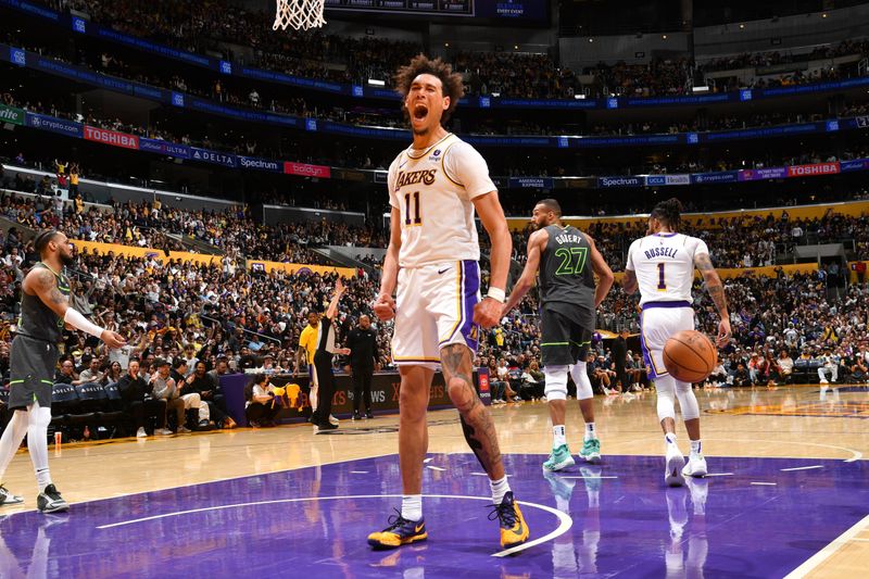 LOS ANGELES, CA - APRIL 7: Jaxson Hayes #11 of the Los Angeles Lakers celebrates during the game against the Minnesota Timberwolves on April 7, 2024 at Crypto.Com Arena in Los Angeles, California. NOTE TO USER: User expressly acknowledges and agrees that, by downloading and/or using this Photograph, user is consenting to the terms and conditions of the Getty Images License Agreement. Mandatory Copyright Notice: Copyright 2024 NBAE (Photo by Juan Ocampo/NBAE via Getty Images)