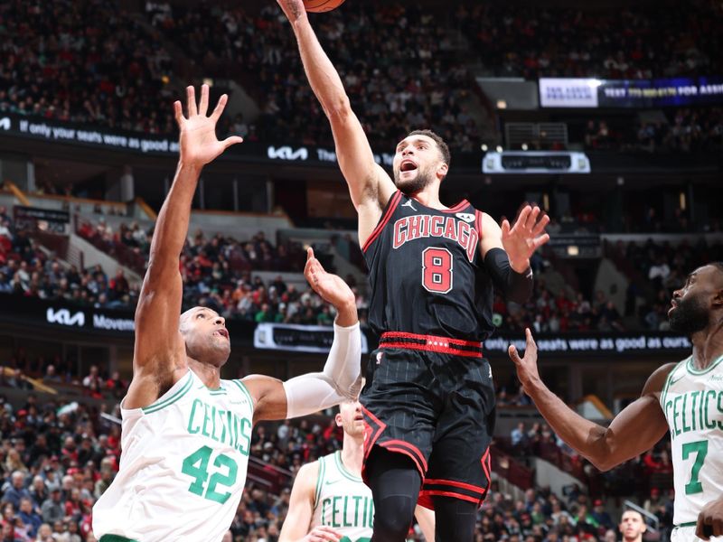 CHICAGO, IL - NOVEMBER 29: Zach LaVine #8 of the Chicago Bulls drives to the basket during the game against the Boston Celtics during the Emirates NBA Cup game on November 29, 2024 at United Center in Chicago, Illinois. NOTE TO USER: User expressly acknowledges and agrees that, by downloading and or using this photograph, User is consenting to the terms and conditions of the Getty Images License Agreement. Mandatory Copyright Notice: Copyright 2024 NBAE (Photo by Jeff Haynes/NBAE via Getty Images)