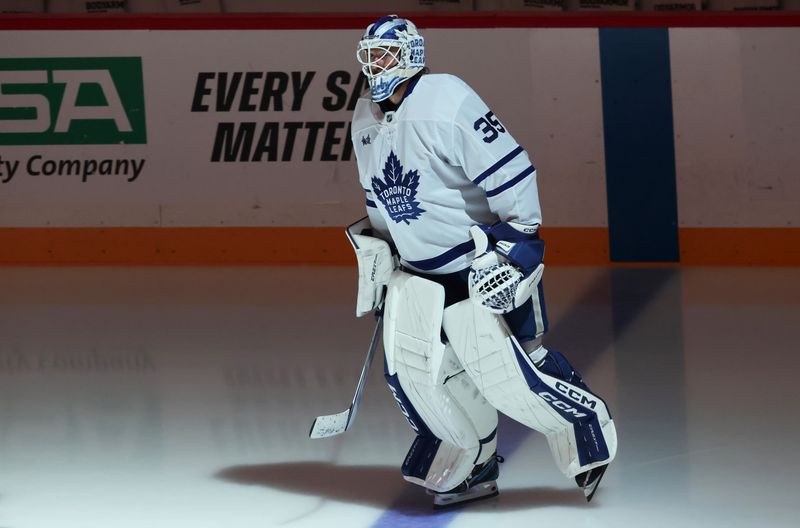 Nov 29, 2025; Pittsburgh, Pennsylvania, USA;  Toronto Maple Leafs goaltender Dennis Hildeby (35) takes the ice to warm up against the Pittsburgh Penguins at PPG Paints Arena. Mandatory Credit: Charles LeClaire-Imagn Images