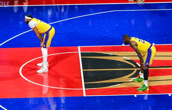 LAS VEGAS, NEVADA - DECEMBER 9: Anthony Davis (3) and LeBron James (23) of Los Angeles Lakers are seen during NBA In-Season Tournament Finals game between Los Angeles Lakers and Indiana Pacers at the T-Mobile Arena in Las Vegas, Nevada, United States on December 9, 2023. (Photo by Tayfun Coskun/Anadolu via Getty Images)