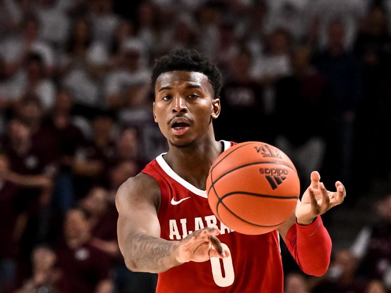 Mar 4, 2023; College Station, Texas, USA;  Alabama Crimson Tide guard Jaden Bradley (0) passes the ball durning the first quarter against the Alabama Crimson Tide at Reed Arena. Mandatory Credit: Maria Lysaker-USA TODAY Sports