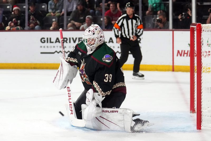 Dec 7, 2023; Tempe, Arizona, USA; Arizona Coyotes goaltender Connor Ingram (39) makes.a save against the Philadelphia Flyers during the first period at Mullett Arena. Mandatory Credit: Joe Camporeale-USA TODAY Sports