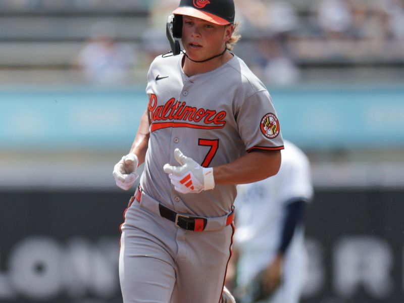 Jul 20, 2025; Tampa, Florida, USA; Baltimore Orioles second baseman Jackson Holliday (7) runs the bases after hitting a home run against the Tampa Bay Rays in the first inning at George M. Steinbrenner Field. Mandatory Credit: Nathan Ray Seebeck-Imagn Images