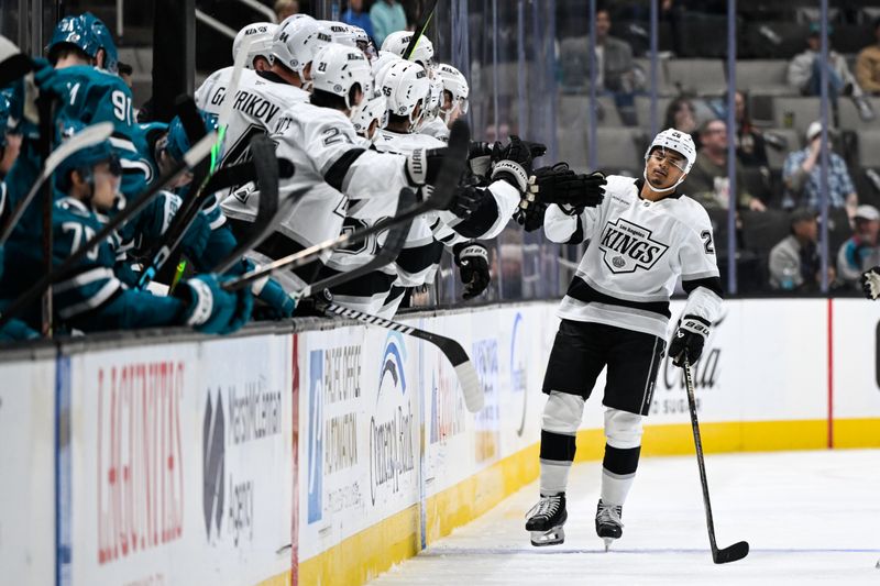 Oct 29, 2024; San Jose, California, USA; Los Angeles Kings center Akil Thomas (26) celebrates his goal against the San Jose Sharks in the second period at SAP Center at San Jose. Mandatory Credit: Eakin Howard-Imagn Images