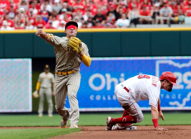 Jul 2, 2023; Cincinnati, Ohio, USA; Cincinnati Reds shortstop Matt McLain (9) is forced out at second against San Diego Padres second baseman Ha-Seong Kim (7) during the first inning at Great American Ball Park. Mandatory Credit: David Kohl-USA TODAY Sports