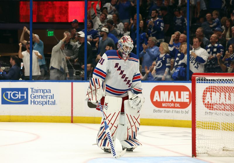 Mar 14, 2024; Tampa, Florida, USA; New York Rangers goaltender Igor Shesterkin (31) looks down after he gave up a goal against the Tampa Bay Lightning during the third period at Amalie Arena. Mandatory Credit: Kim Klement Neitzel-USA TODAY Sports