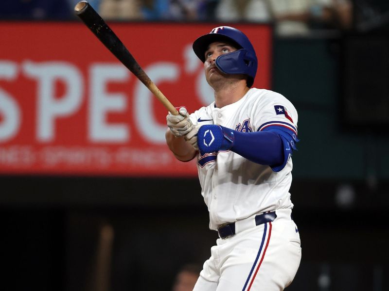 Jul 20, 2024; Arlington, Texas, USA; Texas Rangers designated hitter Justin Foscue (56) bats against the Baltimore Orioles in the seventh inning at Globe Life Field. Mandatory Credit: Tim Heitman-USA TODAY Sports