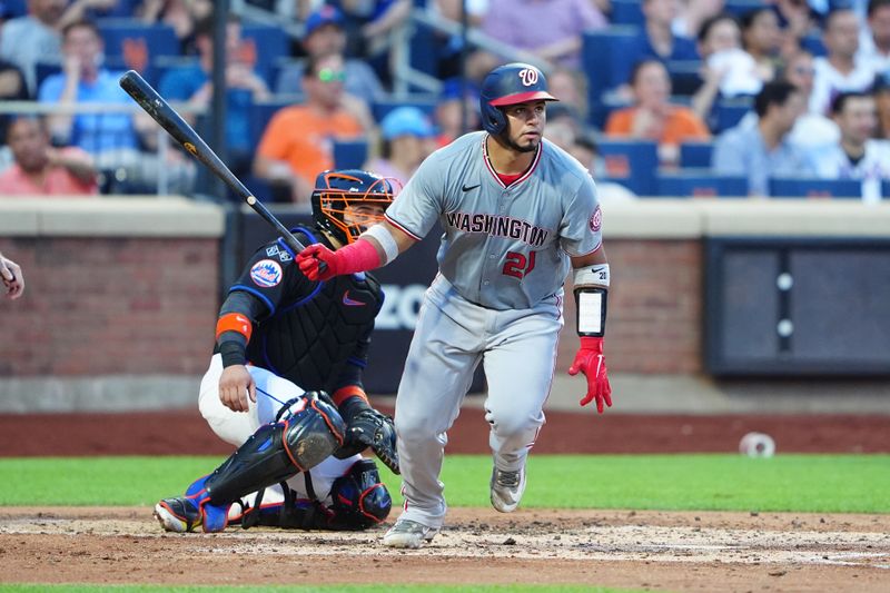 Jul 10, 2024; New York City, New York, USA; Washington Nationals second baseman Luis Garcia Jr. (2) runs out a single against the New York Mets during the fourth inning at Citi Field. Mandatory Credit: Gregory Fisher-USA TODAY Sports