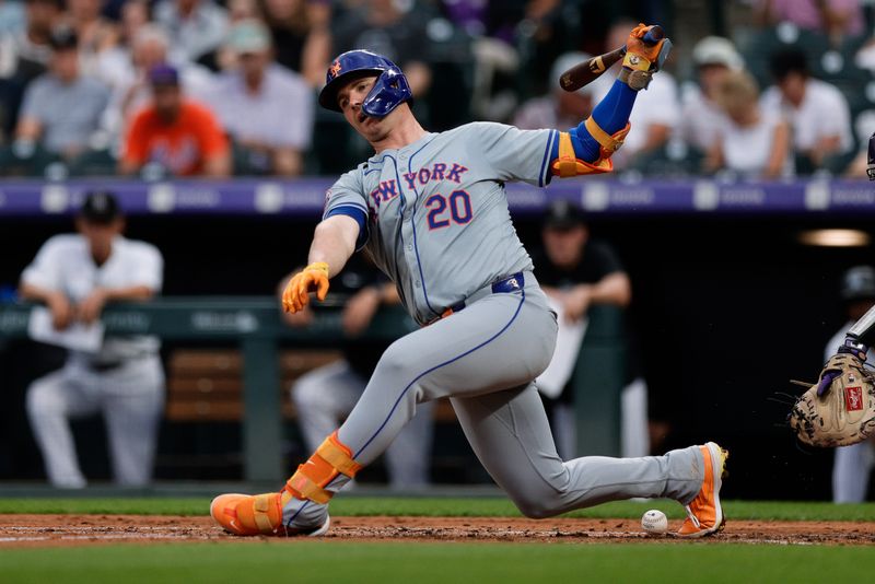 Aug 6, 2024; Denver, Colorado, USA; New York Mets first baseman Pete Alonso (20) strikes out in the third inning against the Colorado Rockies at Coors Field. Mandatory Credit: Isaiah J. Downing-USA TODAY Sports