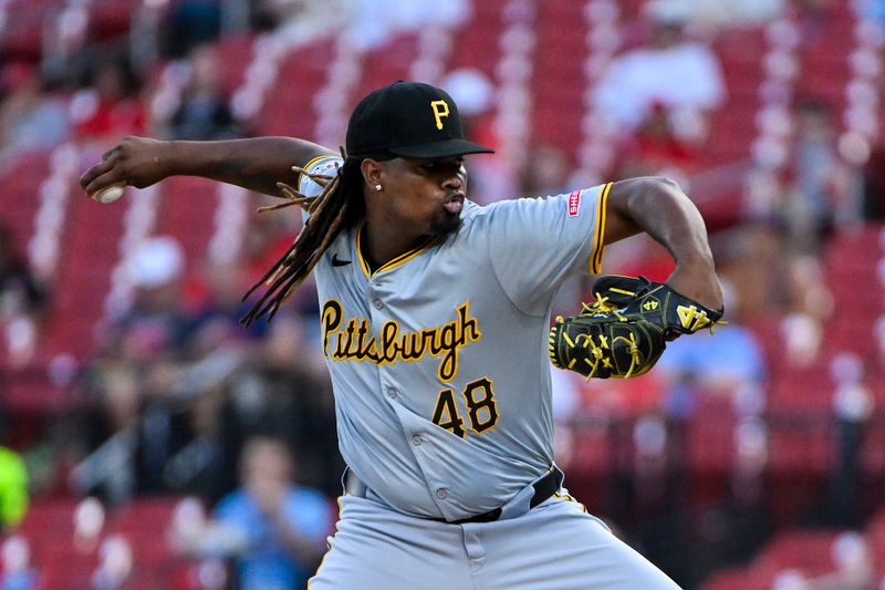 Sep 19, 2024; St. Louis, Missouri, USA;  Pittsburgh Pirates starting pitcher Luis Ortiz (48) pitches against the St. Louis Cardinals during the first inning at Busch Stadium. Mandatory Credit: Jeff Curry-Imagn Images