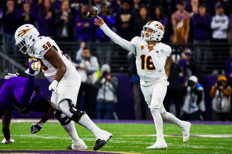 Oct 21, 2023; Seattle, Washington, USA; Arizona State Sun Devils quarterback Trenton Bourguet (16) passes against the Washington Huskies during the first quarter at Alaska Airlines Field at Husky Stadium. Mandatory Credit: Joe Nicholson-USA TODAY Sports