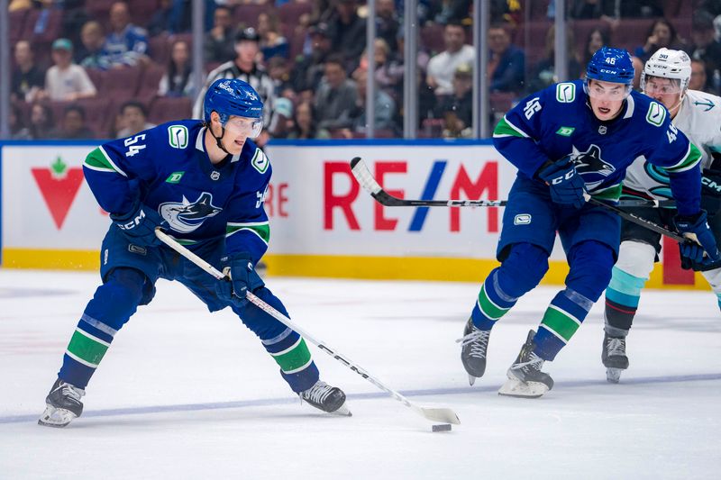 Sep 24, 2024; Vancouver, British Columbia, CAN; Vancouver Canucks forward Vilmer Alriksson (46) watches forward Aatu Raty (54) handle the puck against the Seattle Kraken during the third period at Rogers Arena. Mandatory Credit: Bob Frid-Imagn Images