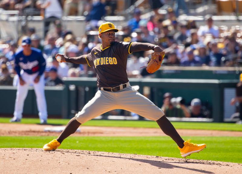 Feb 23, 2024; Phoenix, Arizona, USA; San Diego Padres pitcher Jhony Brito against the Los Angeles Dodgers during a spring training game at Camelback Ranch-Glendale. Mandatory Credit: Mark J. Rebilas-USA TODAY Sports