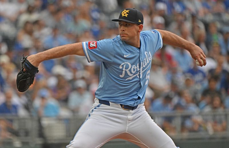 Jun 29, 2025; Kansas City, Missouri, USA;  Kansas City Royals starting pitcher Kris Bubic (50) throws a pitch in the first inning against the Los Angeles Dodgers at Kauffman Stadium. Mandatory Credit: Peter Aiken-Imagn Images