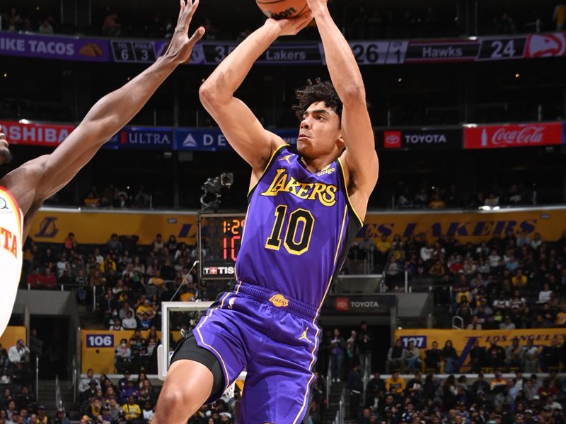 LOS ANGELES, CA - JANUARY 6: Max Christie #10 of the Los Angeles Lakers shoots the ball during the game against the Atlanta Hawks on January 6, 2023 at Crypto.Com Arena in Los Angeles, California. NOTE TO USER: User expressly acknowledges and agrees that, by downloading and/or using this Photograph, user is consenting to the terms and conditions of the Getty Images License Agreement. Mandatory Copyright Notice: Copyright 2023 NBAE (Photo by Andrew D. Bernstein/NBAE via Getty Images)