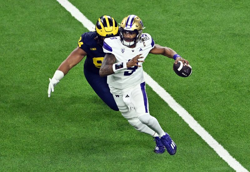 Jan 8, 2024; Houston, TX, USA; Washington Huskies quarterback Michael Penix Jr. (9) looks to pass in the second quarter against the Michigan Wolverines in the 2024 College Football Playoff national championship game at NRG Stadium. Mandatory Credit: Maria Lysaker-USA TODAY Sports