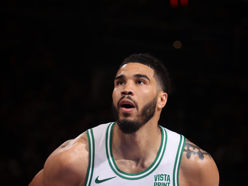 NEW YORK, NY - FEBRUARY 24: Jayson Tatum #0 of the Boston Celtics shoots a free throw during the game against the New York Knicks on February 24, 2024 at Madison Square Garden in New York City, New York.  NOTE TO USER: User expressly acknowledges and agrees that, by downloading and or using this photograph, User is consenting to the terms and conditions of the Getty Images License Agreement. Mandatory Copyright Notice: Copyright 2024 NBAE  (Photo by Nathaniel S. Butler/NBAE via Getty Images)