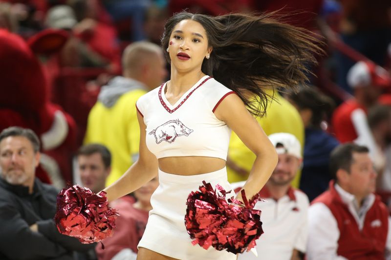 Nov 16, 2022; Fayetteville, Arkansas, USA; Arkansas Razorbacks cheerleader performs during the second half against the South Dakota State Jackrabbits at Bud Walton Arena. Arkansas won 71-56. Mandatory Credit: Nelson Chenault-USA TODAY Sports