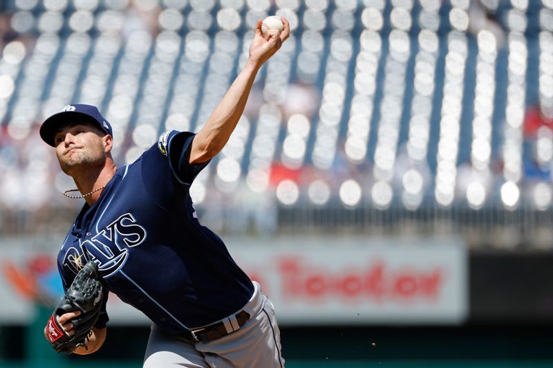 Apr 5, 2023; Washington, District of Columbia, USA; Tampa Bay Rays starting pitcher Shane McClanahan (18) pitches against the Washington Nationals during the third inning at Nationals Park. Mandatory Credit: Geoff Burke-USA TODAY Sports