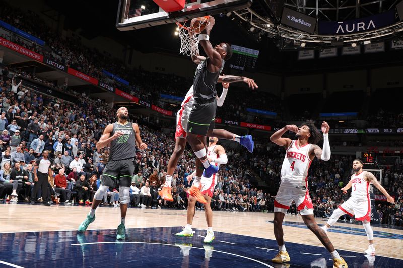 MINNEAPOLIS, MN -  APRIL 2:  Anthony Edwards #5 of the Minnesota Timberwolves dunks the ball during the game against the Houston Rockets on April 2, 2024 at Target Center in Minneapolis, Minnesota. NOTE TO USER: User expressly acknowledges and agrees that, by downloading and or using this Photograph, user is consenting to the terms and conditions of the Getty Images License Agreement. Mandatory Copyright Notice: Copyright 2024 NBAE (Photo by David Sherman/NBAE via Getty Images)