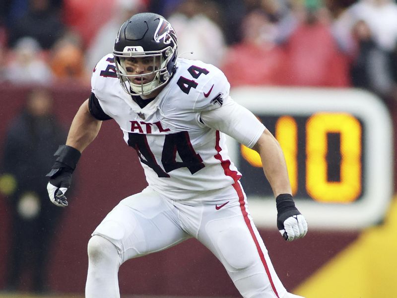 Atlanta Falcons linebacker Troy Andersen (44) runs during an NFL football game against the Washington Commanders, Sunday, November 27, 2022 in Landover. (AP Photo/Daniel Kucin Jr.)