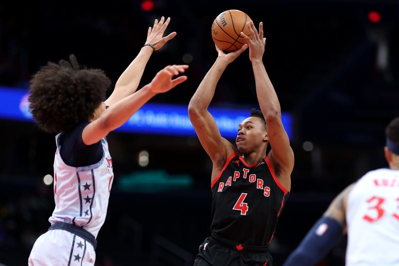 WASHINGTON, DC - JANUARY 29: Scottie Barnes #4 of the Toronto Raptors shoots the ball against the Washington Wizards during the first half at Capital One Arena on January 29, 2025 in Washington, DC. NOTE TO USER: User expressly acknowledges and agrees that, by downloading and or using this photograph, User is consenting to the terms and conditions of the Getty Images License Agreement. (Photo by Patrick Smith/Getty Images)