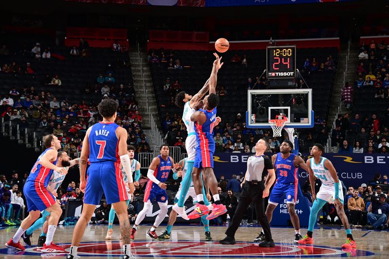 DETROIT, MI - JANUARY 24: The Charlotte Hornets  goes for the tip-off against the Detroit Pistons on January 24, 2024 at Little Caesars Arena in Detroit, Michigan. NOTE TO USER: User expressly acknowledges and agrees that, by downloading and/or using this photograph, User is consenting to the terms and conditions of the Getty Images License Agreement. Mandatory Copyright Notice: Copyright 2024 NBAE (Photo by Chris Schwegler/NBAE via Getty Images)