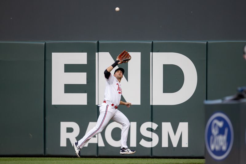 May 23, 2023; Minneapolis, Minnesota, USA; Minnesota Twins right fielder Alex Kirilloff (19) catches a fly ball in the fourth inning against the San Francisco Giants at Target Field. Mandatory Credit: Jesse Johnson-USA TODAY Sports