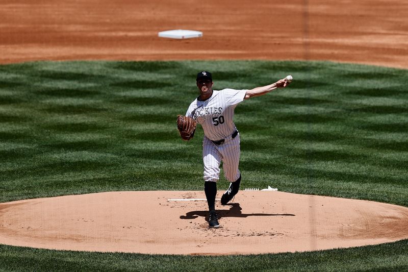 Jun 20, 2024; Denver, Colorado, USA; Colorado Rockies starting pitcher Ty Blach (50) pitches in the first inning against the Los Angeles Dodgers at Coors Field. Mandatory Credit: Isaiah J. Downing-USA TODAY Sports