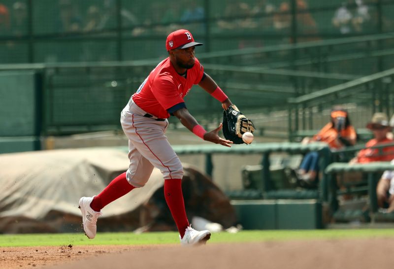 Mar 16, 2024; Sarasota, Florida, USA;  Boston Red Sox infielder Pablo Reyes (19) throws the ball to first base for an out during the second inning against the Baltimore Orioles at Ed Smith Stadium. Mandatory Credit: Kim Klement Neitzel-USA TODAY Sports