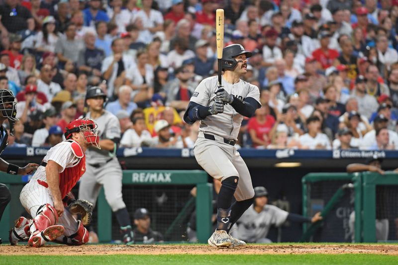 Jul 29, 2024; Philadelphia, Pennsylvania, USA; New York Yankees catcher Austin Wells (28) hits a two RBI double against the Philadelphia Phillies during the fifth inning at Citizens Bank Park. Mandatory Credit: Eric Hartline-USA TODAY Sports