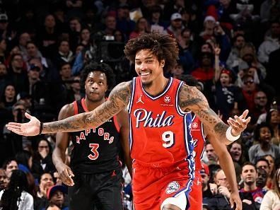 PHILADELPHIA, PA - DECEMBER 22:  Kelly Oubre Jr. #9 of the Philadelphia 76ers reacts during the game against the Toronto Raptors on December 22, 2023 at the Wells Fargo Center in Philadelphia, Pennsylvania NOTE TO USER: User expressly acknowledges and agrees that, by downloading and/or using this Photograph, user is consenting to the terms and conditions of the Getty Images License Agreement. Mandatory Copyright Notice: Copyright 2023 NBAE (Photo by David Dow/NBAE via Getty Images)